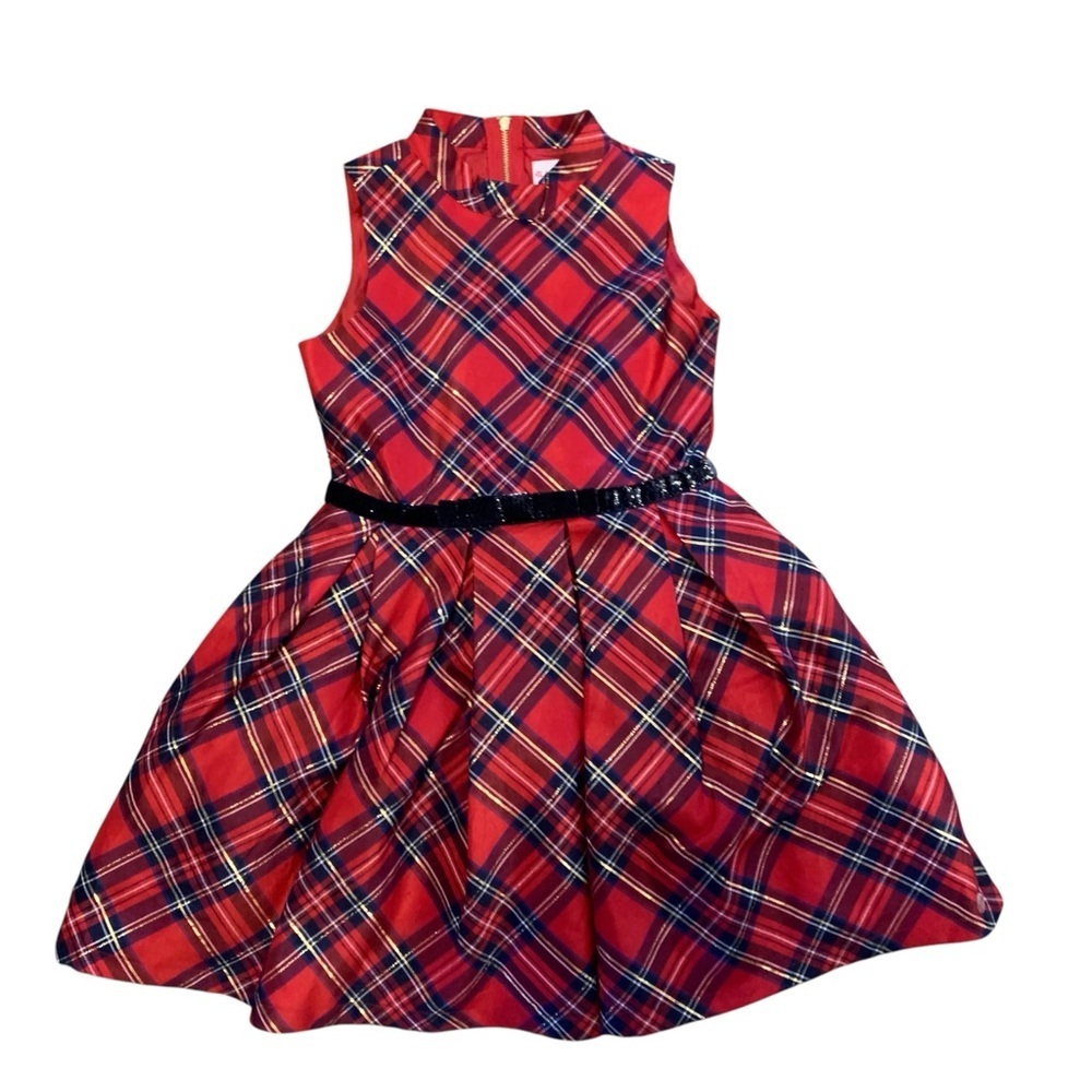 AMERICAN GIRL Red Blue Plaid Pleated Metallic A-Line Party Dress Size 7